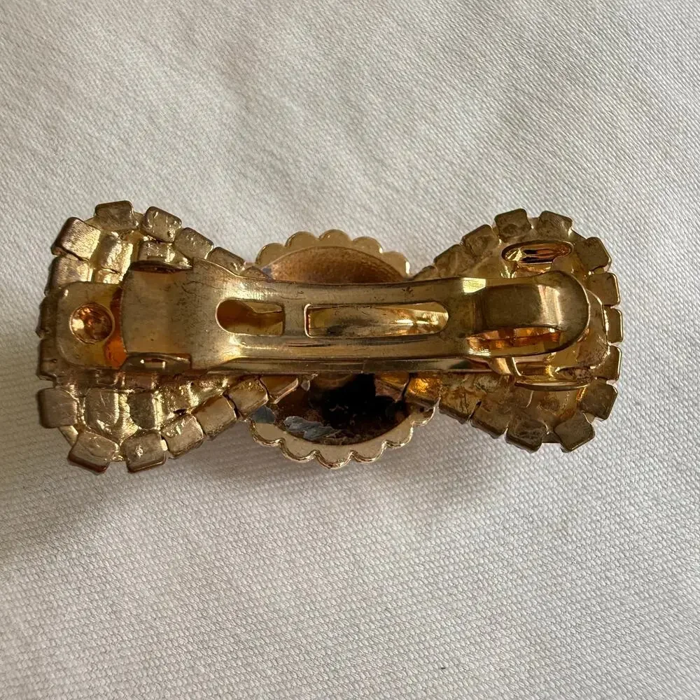 Repurposed Chanel Button Crystal Bow Barrette Faux Pearls & Rhinestones in Gold